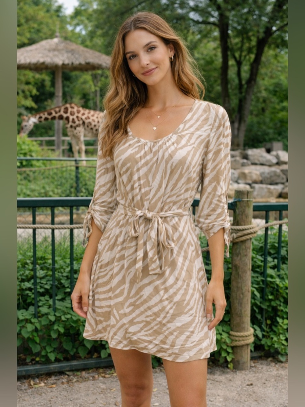 GAP- Taupe Zebra Print Tie-Waist Dress Size Medium